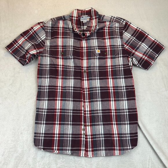 Carhartt Mens Shirt Medium Relaxed Fit Short Sleeve Button Up Red Plaid Casual - Picture 8 of 9